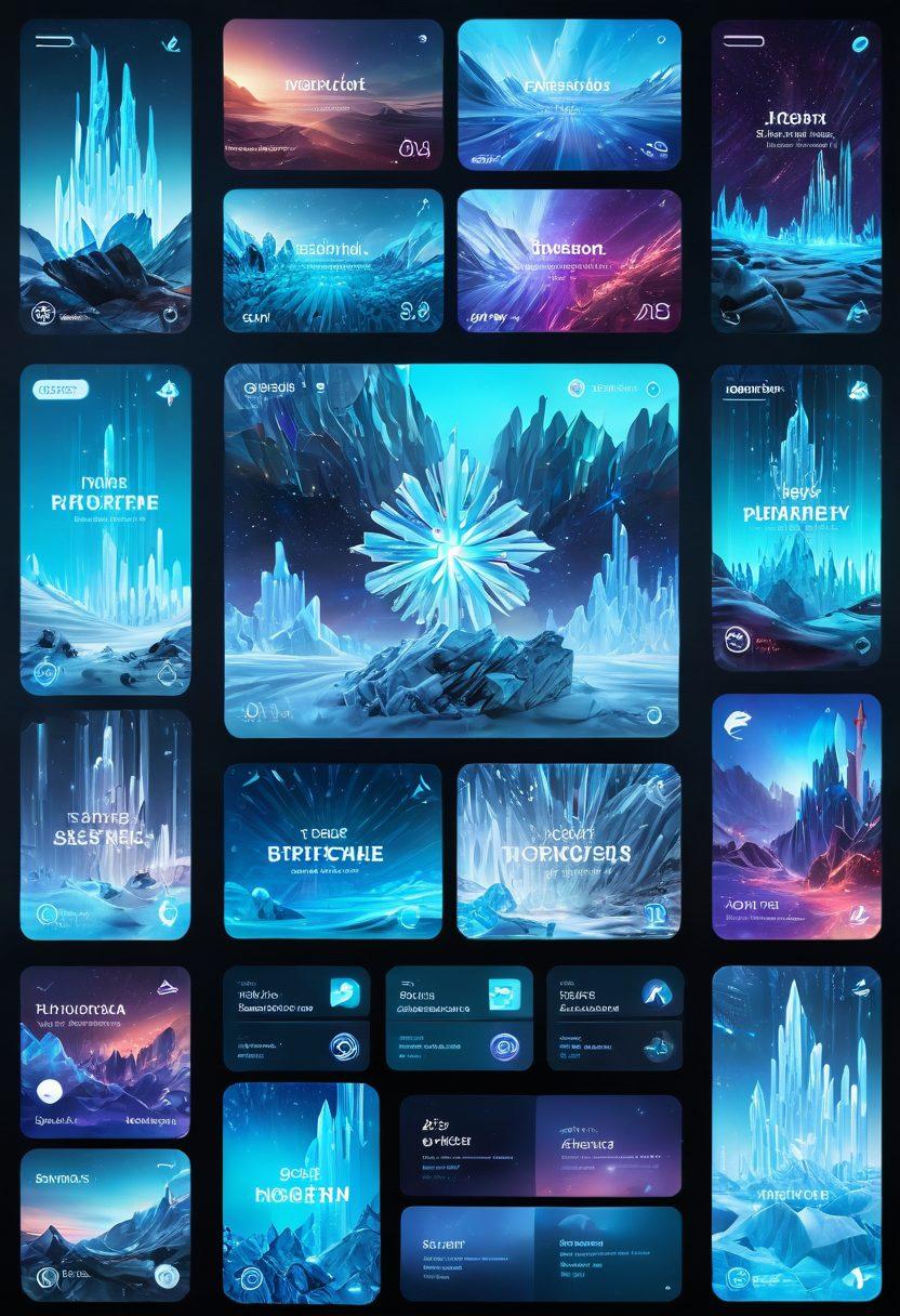 A sleek, futuristic interface of the Frozentube platform, showcasing a holographic screen with video thumbnails surrounded by icy, frosty effects. Include vibrant colors for the thumbnails and a crystal-clear frozen aesthetic for the overall design. The background should have subtle tech patterns blending with icy textures. super-realistic. vibrant colors.