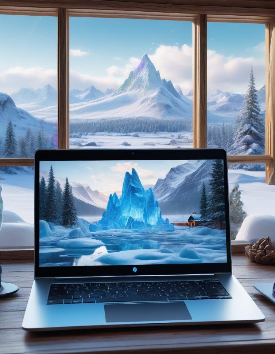 A futuristic ice-themed laptop screen displaying an array of vibrant video thumbnails, each showing different scenes of frozen landscapes, ice sculptures, and winter sports. The laptop is set against a backdrop of a cozy cabin with a frosty window overlooking a snowy landscape. 3D. vibrant colors. realistic.