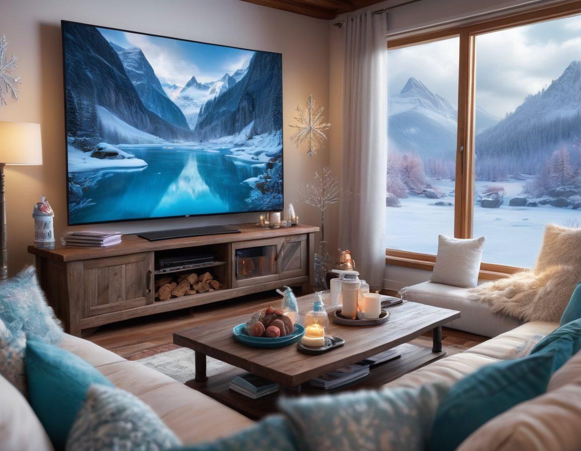A vibrant scene of a cozy living room with a large screen TV displaying various frozen-themed video thumbnails, including icy landscapes, snowflakes, and animated characters. Surrounding the TV, there are frosty decorations, comfy pillows, and a hot chocolate on a table, enhancing a chilled-out vibe. super-realistic. vibrant colors. cozy ambiance.